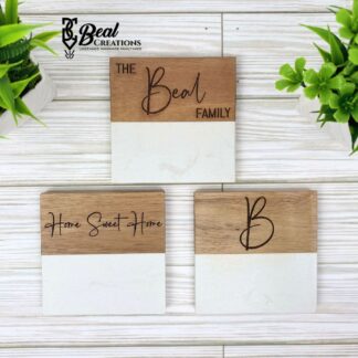 Marble and Acacia Wood Coasters Personalized Engraved Housewarming Real Estate Realtor Closing Gift Wedding 1