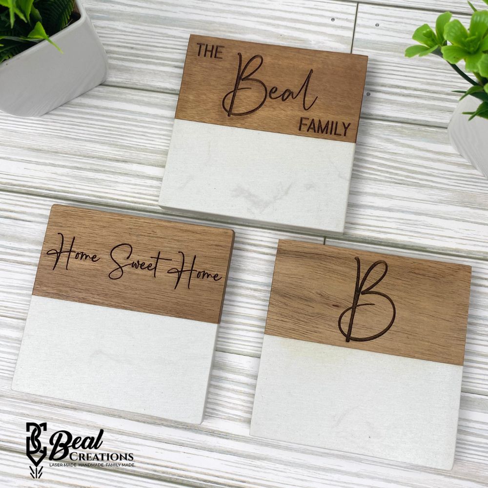 Marble and Acacia Wood Coasters Personalized Engraved Housewarming Real Estate Realtor Closing Gift Wedding 2