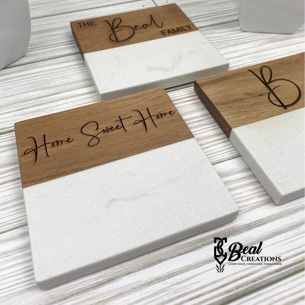 Marble and Acacia Wood Coasters Personalized Engraved Housewarming Real Estate Realtor Closing Gift Wedding 3