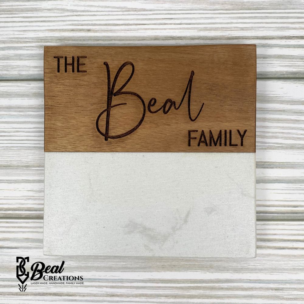 Marble and Acacia Wood Coasters Personalized Engraved Housewarming Real Estate Realtor Closing Gift Wedding 4