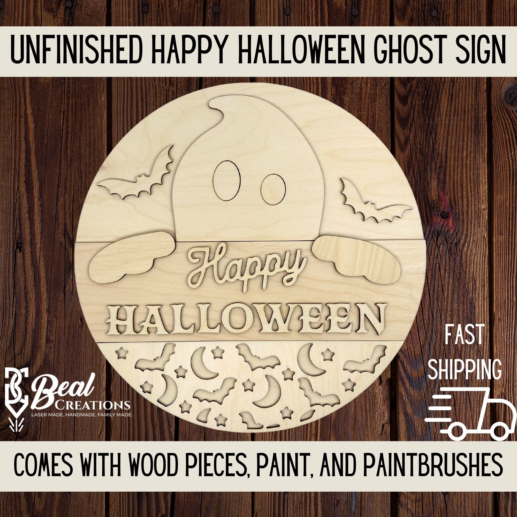 Happy Halloween Ghost Round Sign DIY Paint Kit Paint Party Kids Craft Project Spooky Scary Fun 2