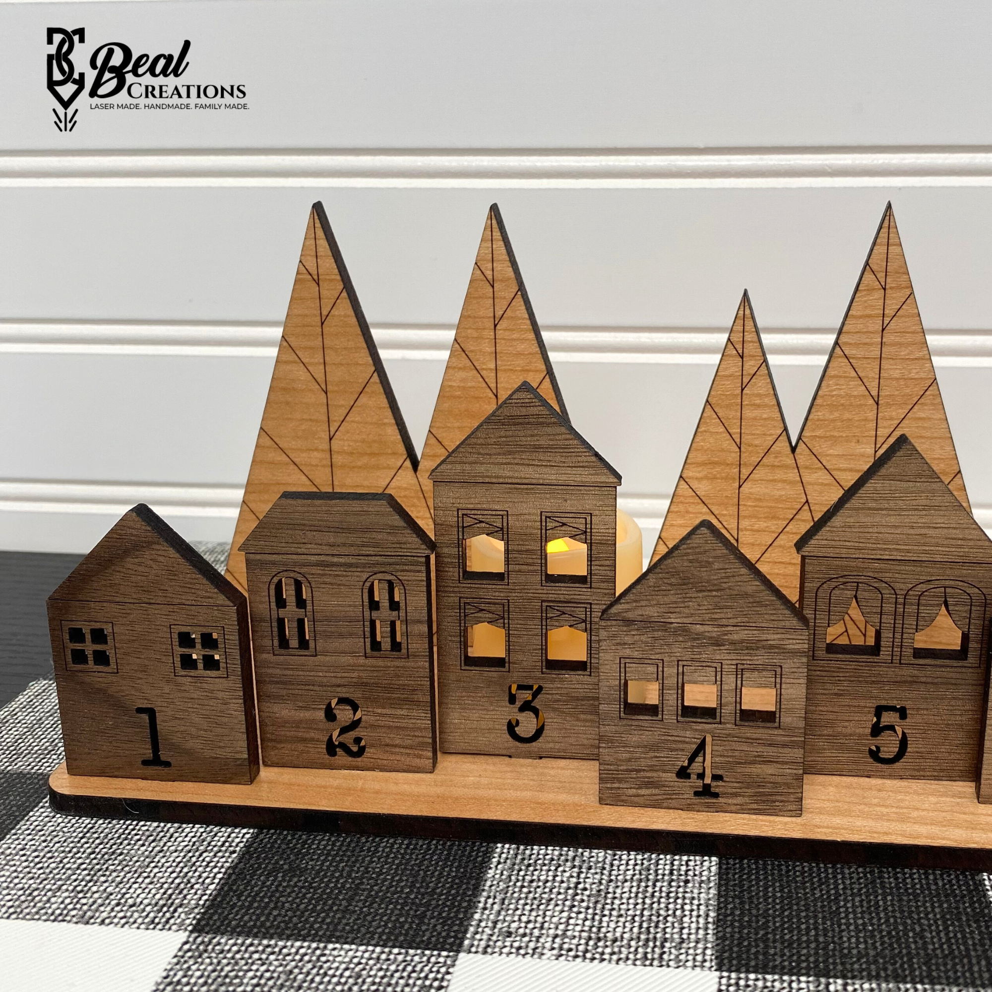 Wooden Christmas Advent Village Countdown Candle Houses Trees 3