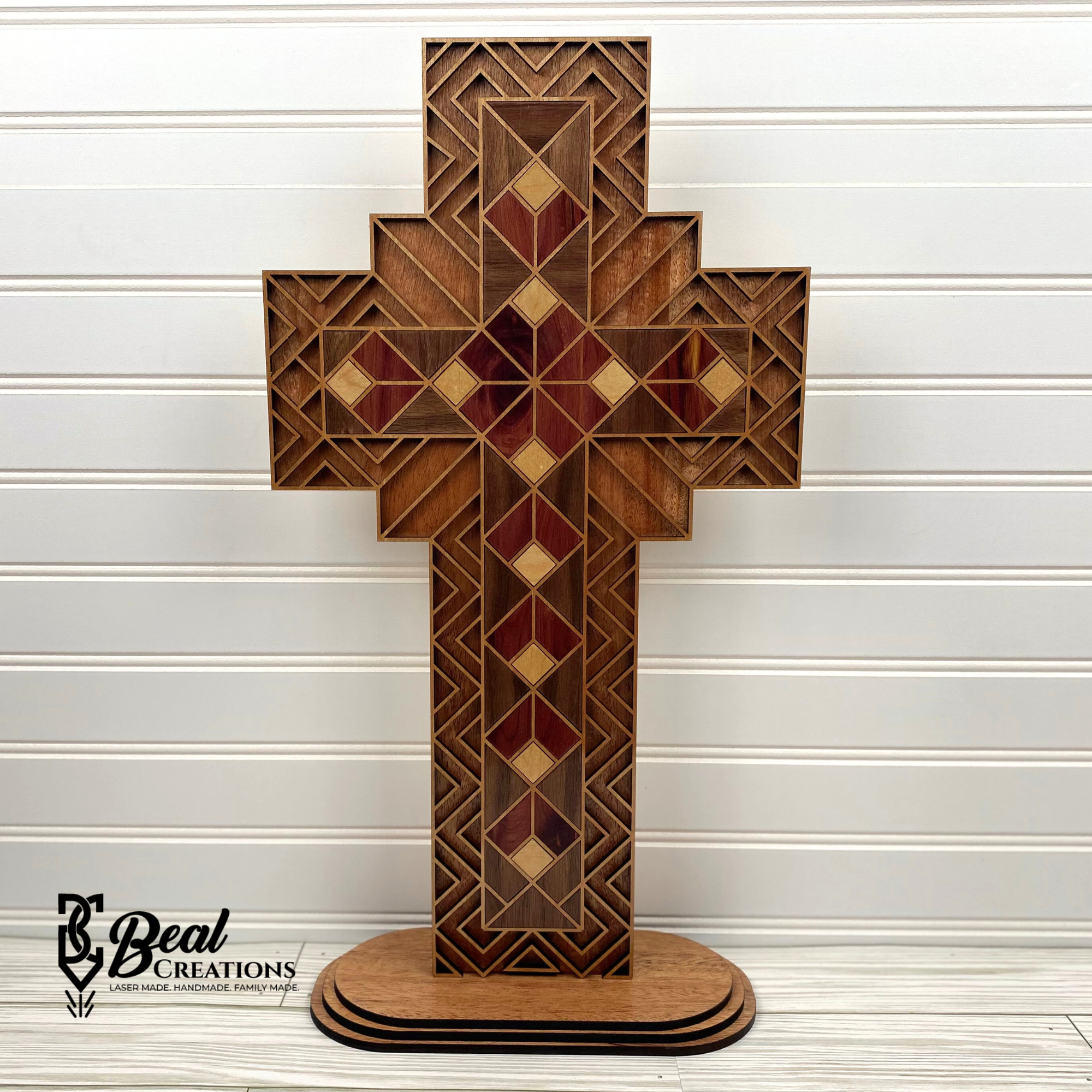 Beautiful Wooden Cross Stand for Shelves Wood Quilt Marquetry 1
