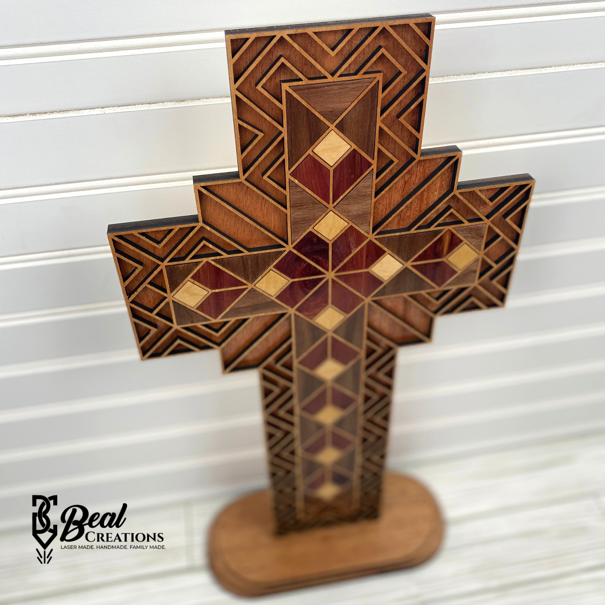 Beautiful Wooden Cross Stand for Shelves Wood Quilt Marquetry 3